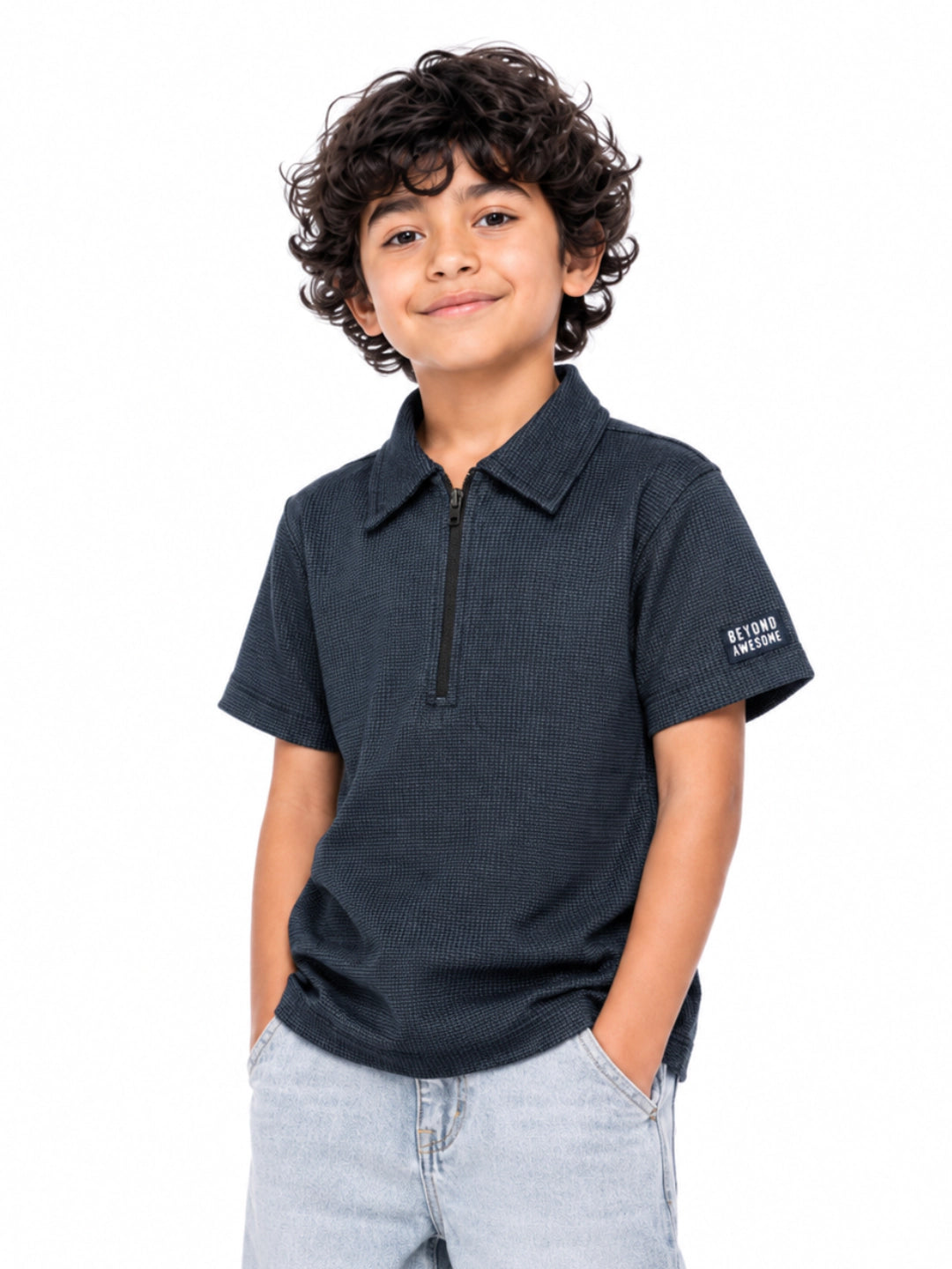 BOYS WAFFLE QUARTER-ZIP POLO SHIRT