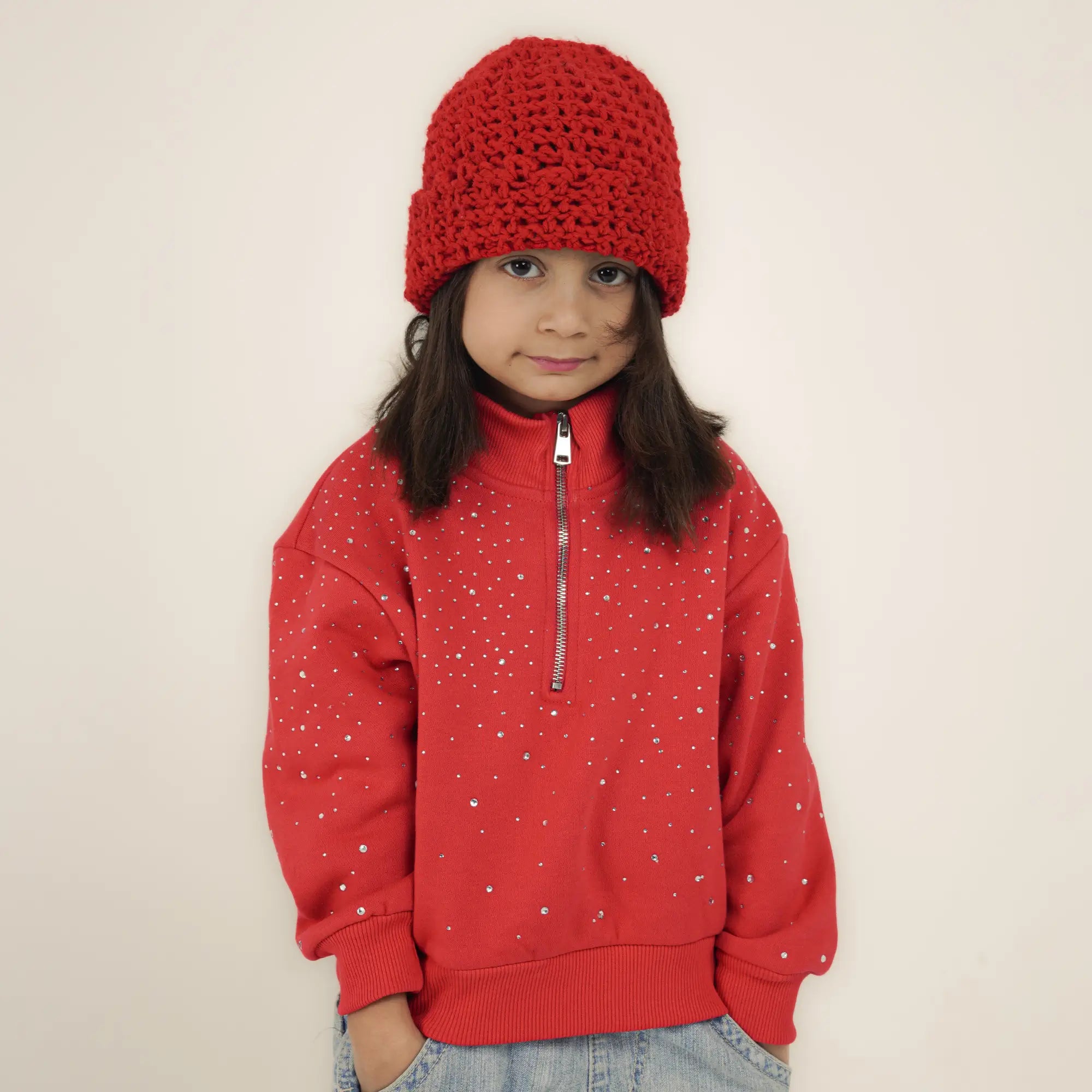 Rhinestone Quarter Zipper - Ruby Red