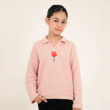 Rose Emb Johnny Collar Polo - Pink Texture