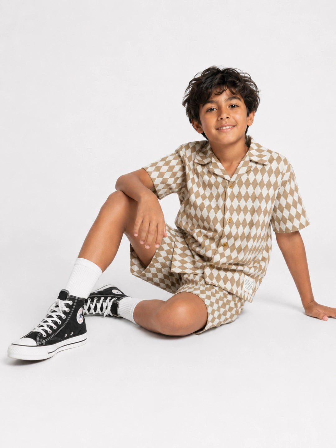 Boys boxy fit checked resort co-ord set by Juniors.pk