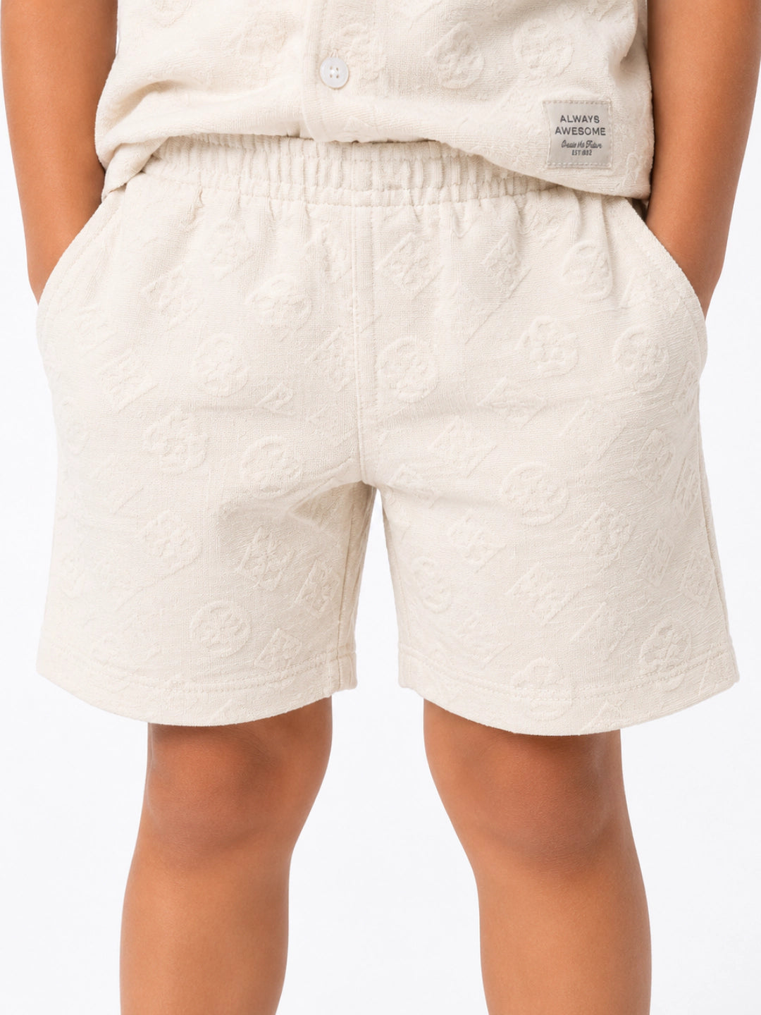 Boys boxy fit embossed resort co-ord set by Juniors.pk