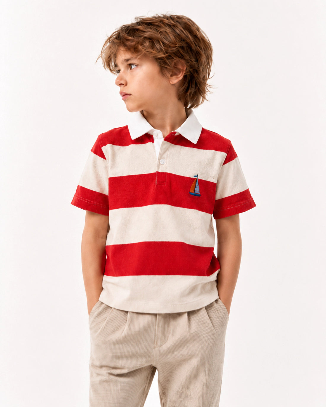 Boys boxy fit striped embroidered polo by Juniors.pk