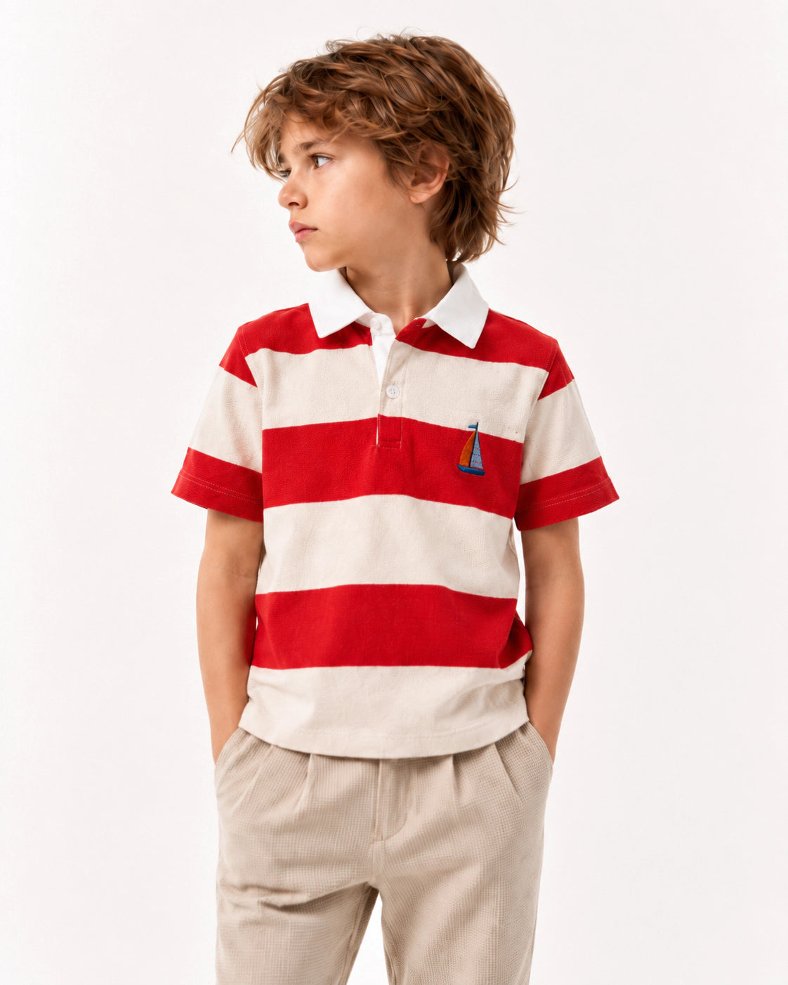 Boys boxy fit striped embroidered polo by Juniors.pk