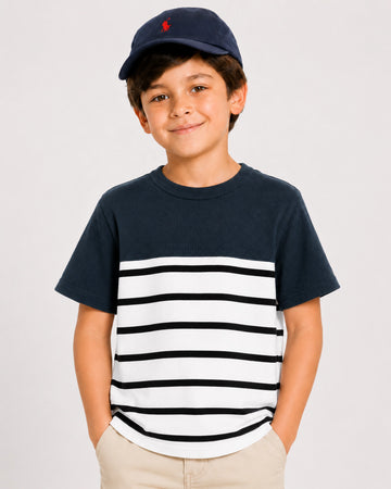 Boys textured panel striped tee by Juniors.pk