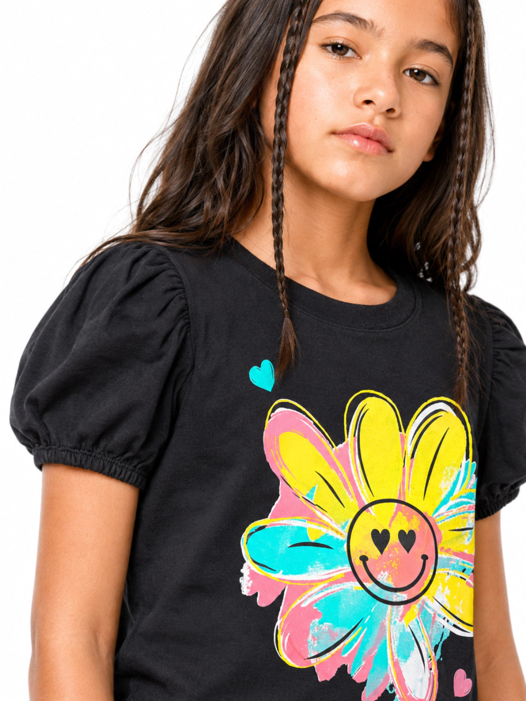 GIRLS PUFF SLEEVE SMILEY DAISY TEE
