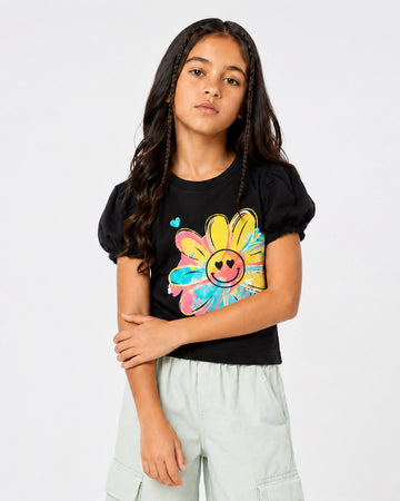 GIRLS PUFF SLEEVE SMILEY DAISY TEE