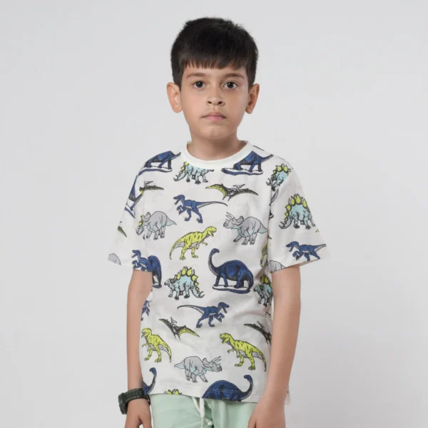 Boys Dinosaur Printed White Tee Juniors.pk